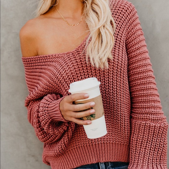 Knit V Neck Sweater - Dusty Cedar - Picture 6 of 8